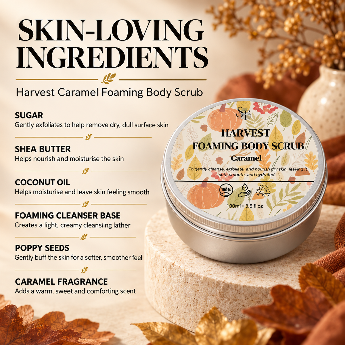 Caramel Foaming Body Scrub | Exfoliating & Nourishing Cleanser 100ml