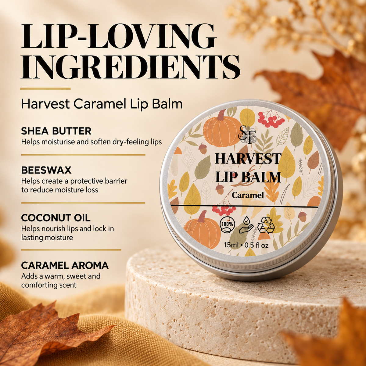 Caramel Lip Balm | Natural Shea Butter Moisturising Lip Care 15ml