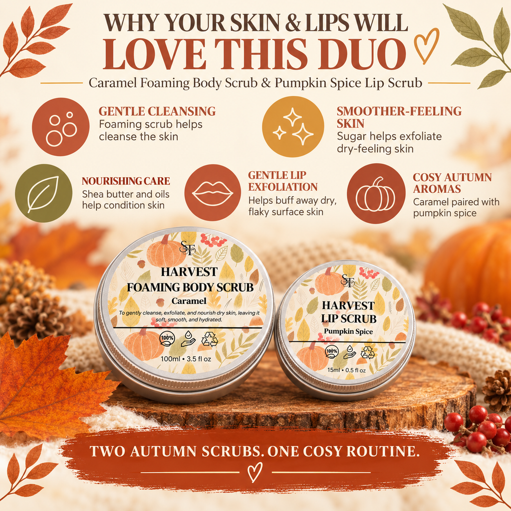 Caramel Foaming Body Scrub & Pumpkin Spice Lip Scrub Duo | Autumn Scrub Set