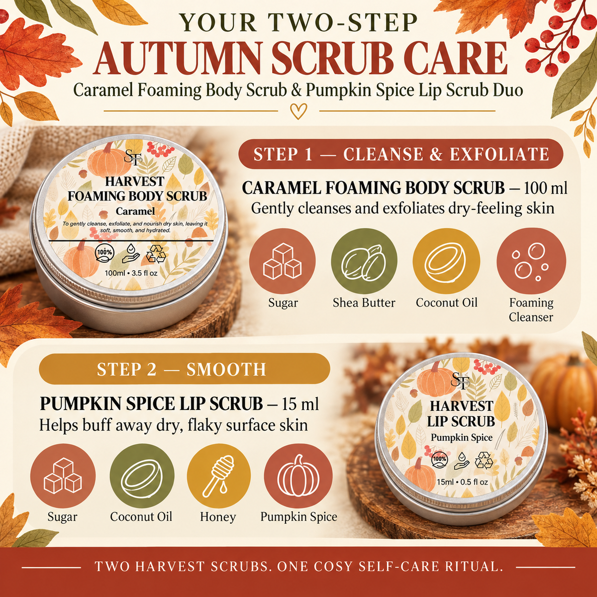 Caramel Foaming Body Scrub & Pumpkin Spice Lip Scrub Duo | Autumn Scrub Set
